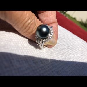 Tahitian pearl/White baguettes topaz ring 7 SS
